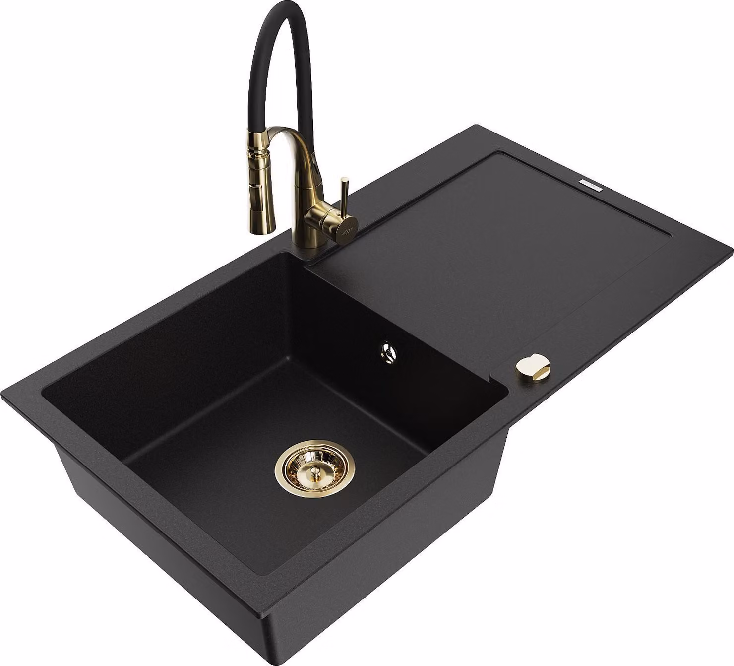Mexen Leo lavello in granito a 1 vasca con scolapiatti e rubinetto da cucina Aster, nero - 6501-77-73450-57-G