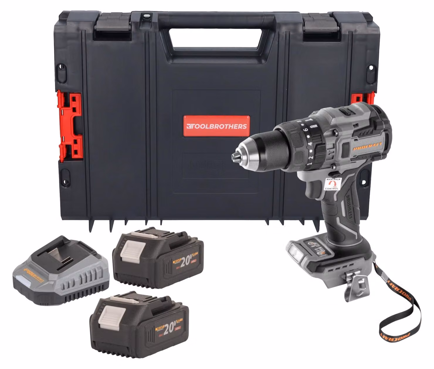 Avvitatore a percussione a batteria Procraft Industrial CD20B-BB 20 V 150 Nm Brushless + 2 batterie da 4,0 Ah + caricabatterie + valigetta RHINO