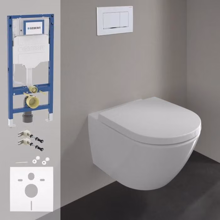 Set completo per WC Villeroy & Boch Subway 3.0, comprensivo di vaso WC, sistema di fissaggio Geberit Duofix e pulsante di scarico