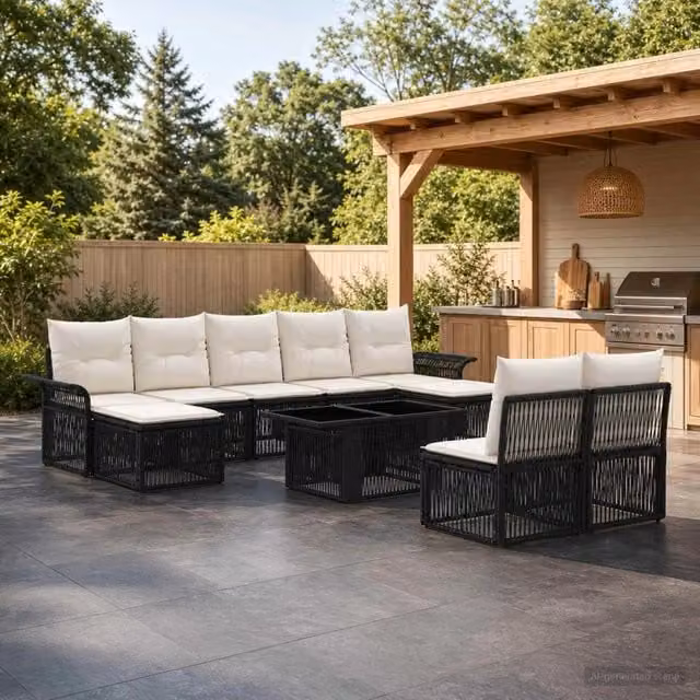 Set da giardino vidaXL in polyrattan composto da 10 pezzi con tavolino, pouf e cuscini, colore nero e bianco crema