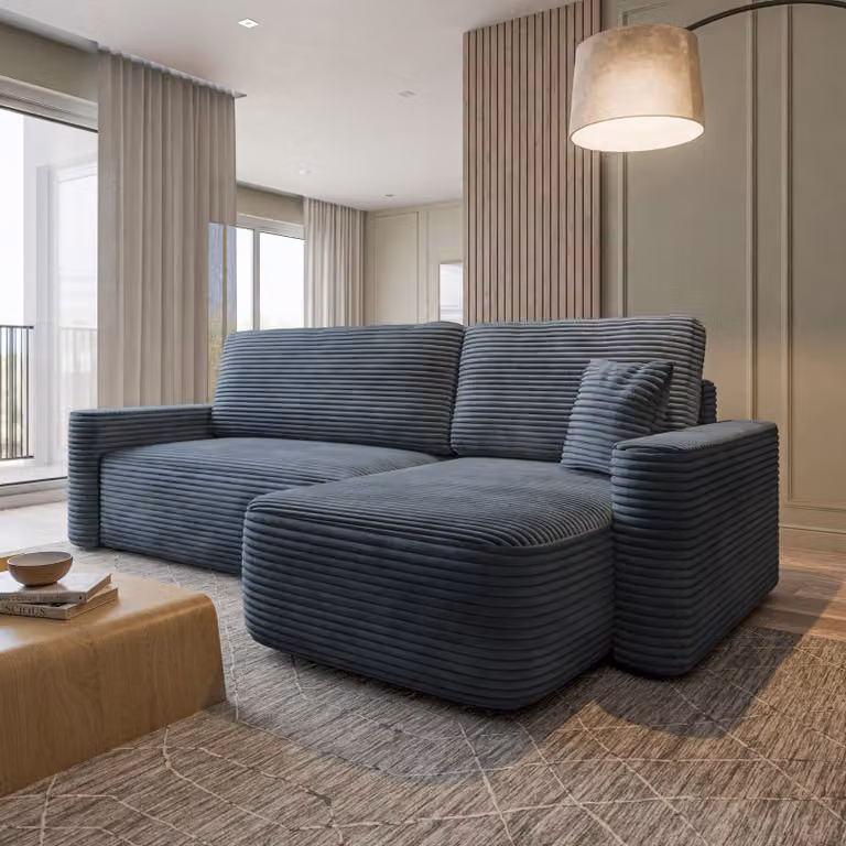 Divano ad angolo Masseno NERI T con funzione letto a L, divano con contenitore, divano da salotto, divano, divano letto, set divani - Grigio, TILIA 85