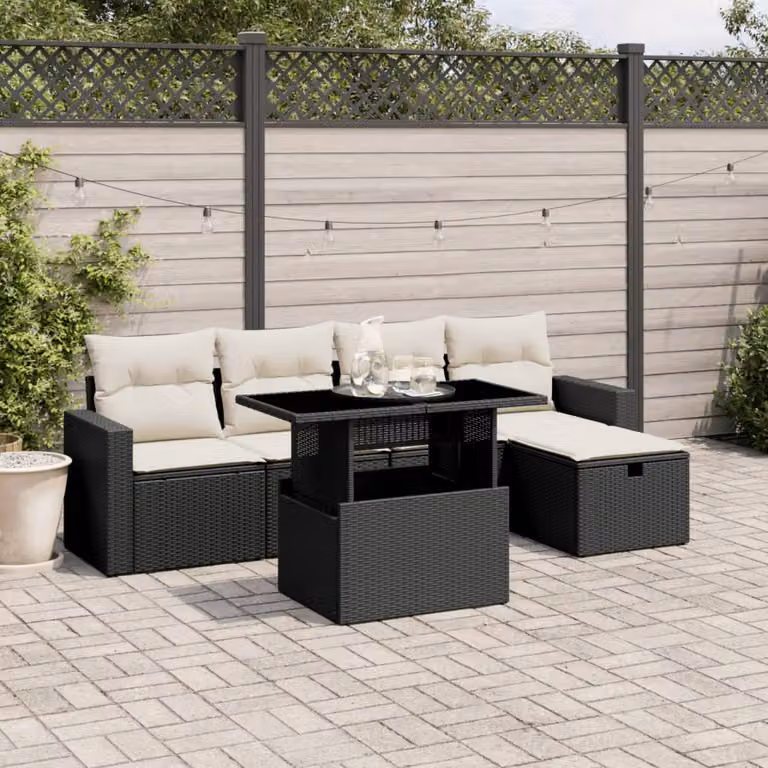 Set Divano da Giardino vidaXL a Forma di L in Polyrattan Nero con 6 Pezzi e Cuscini
