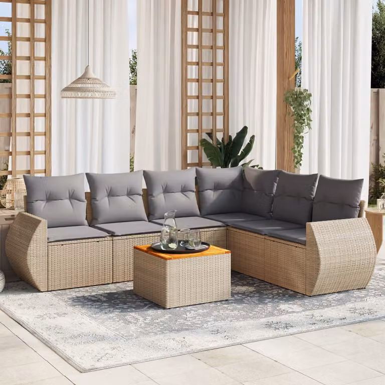 vidaXL Set Divani da Giardino 7 pz a Forma a L in Polyrattan con Cuscini Beige e Tavolino da Esterno