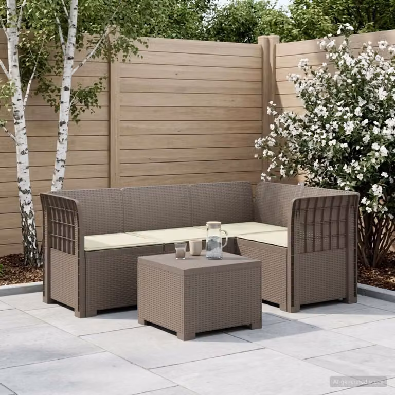 Set da giardino moderno vidaXL con divano angolare a L, poltrona e tavolino in polyrattan con cuscini beige e grigi resistenti alle intemperie