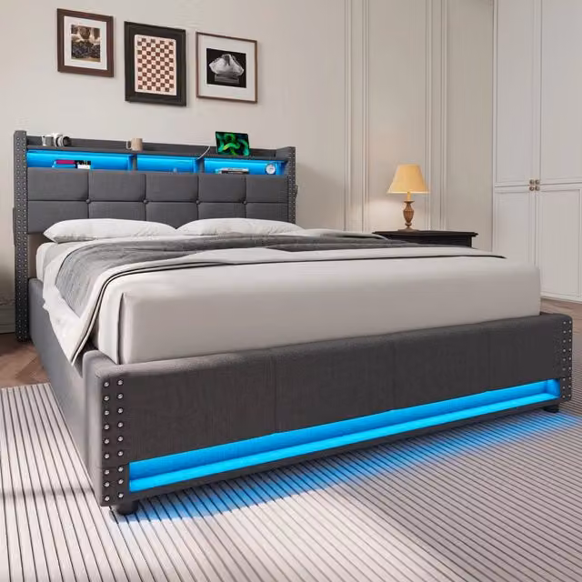 Letto imbottito 140x200 cm grigio scuro con contenitore, testiera regolabile, LED e porte USB