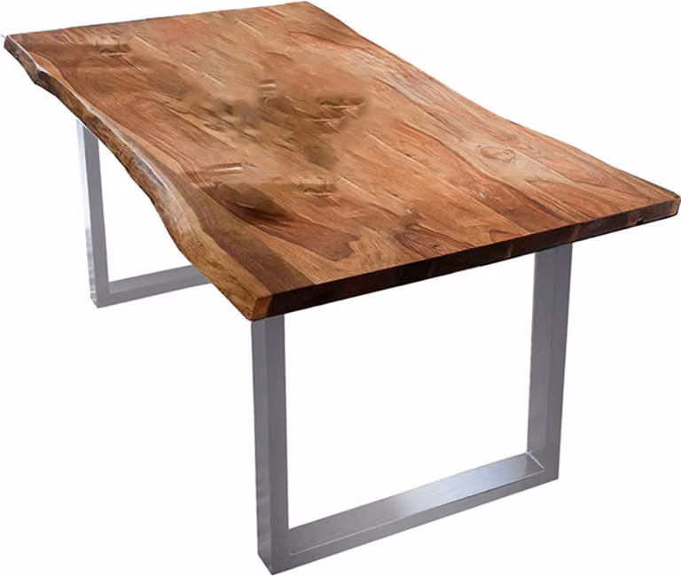 Tavolo da pranzo KAWOLA LORE 200x100cm massiccio con bordo ad albero, base color noce, argento