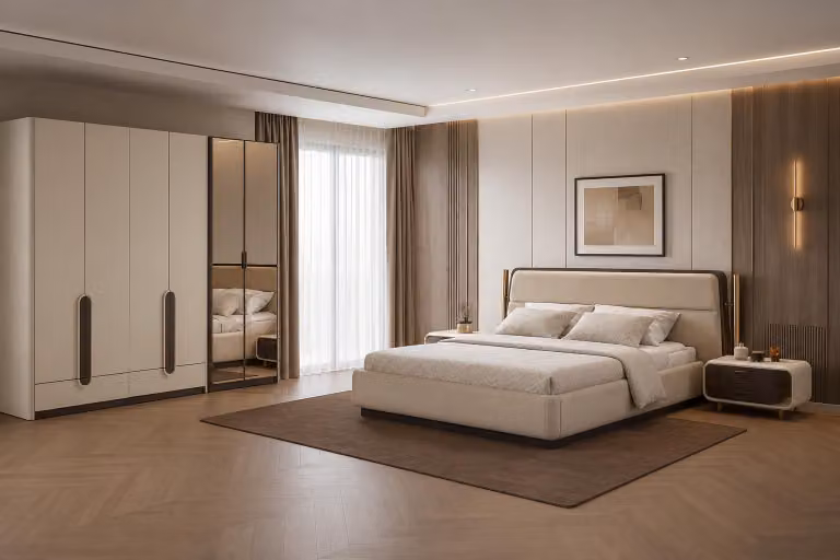 Set per camera da letto: letto, armadio, design moderno, colore beige, elementi di spicco