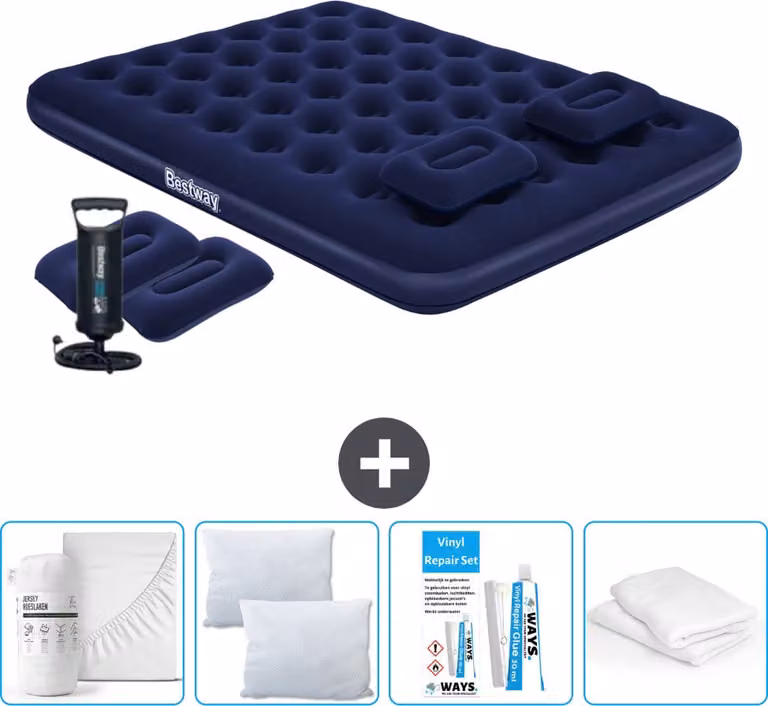 Materasso ad aria Bestway - 2 persone - 152 x 203 x 22 cm - Blu - Pompa a mano inclusa - Cuscini - Accessori