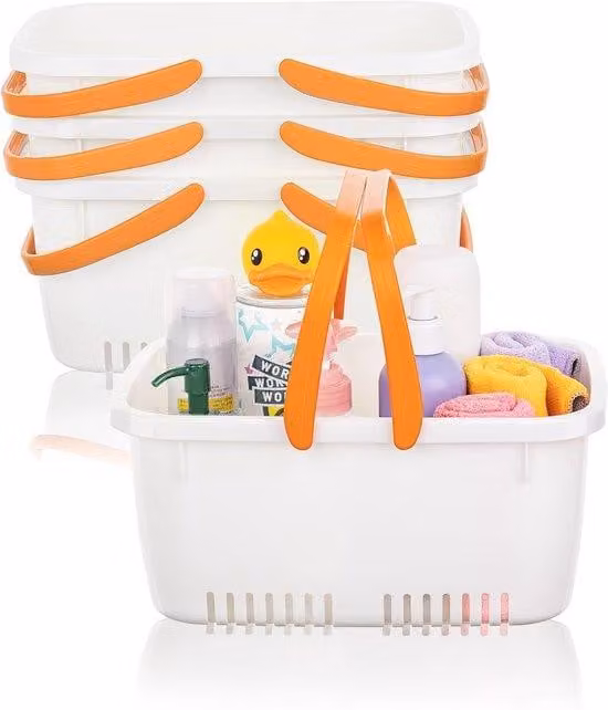 Organizer da doccia in plastica con maniglia ribaltabile, contenitore portatile con fori di drenaggio per bagno, cucina e camera da letto, bianco, 4 pezzi