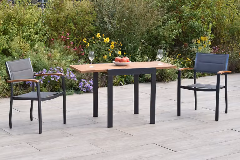 Set di mobili da giardino Merxx Paxos, 3 pezzi, 2 poltrone impilabili, tavolo allungabile da balcone 65 (130) x 65 cm - Alluminio/Acacia/Tessuto