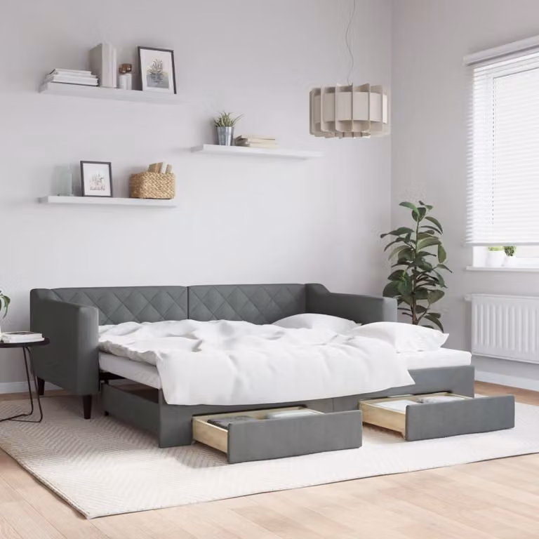 vidaXL Divano Letto Moderno con Cassetti in Tessuto Grigio L/P/H: 90 x 190 x 67 cm