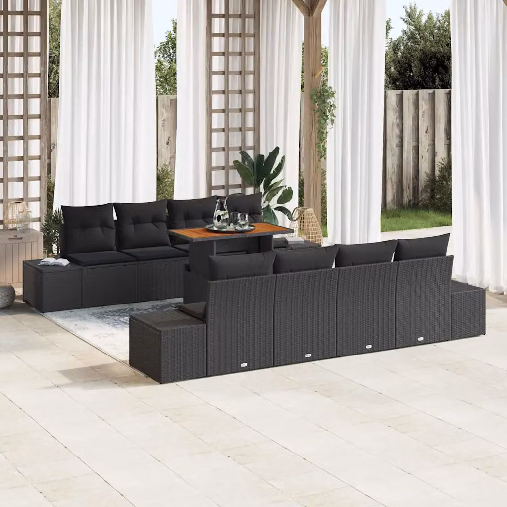Set Divano da Giardino vidaXL a Forma a U in Polyrattan Nero con Cuscini e Tavolino da Esterno 9 Pezzi – 1