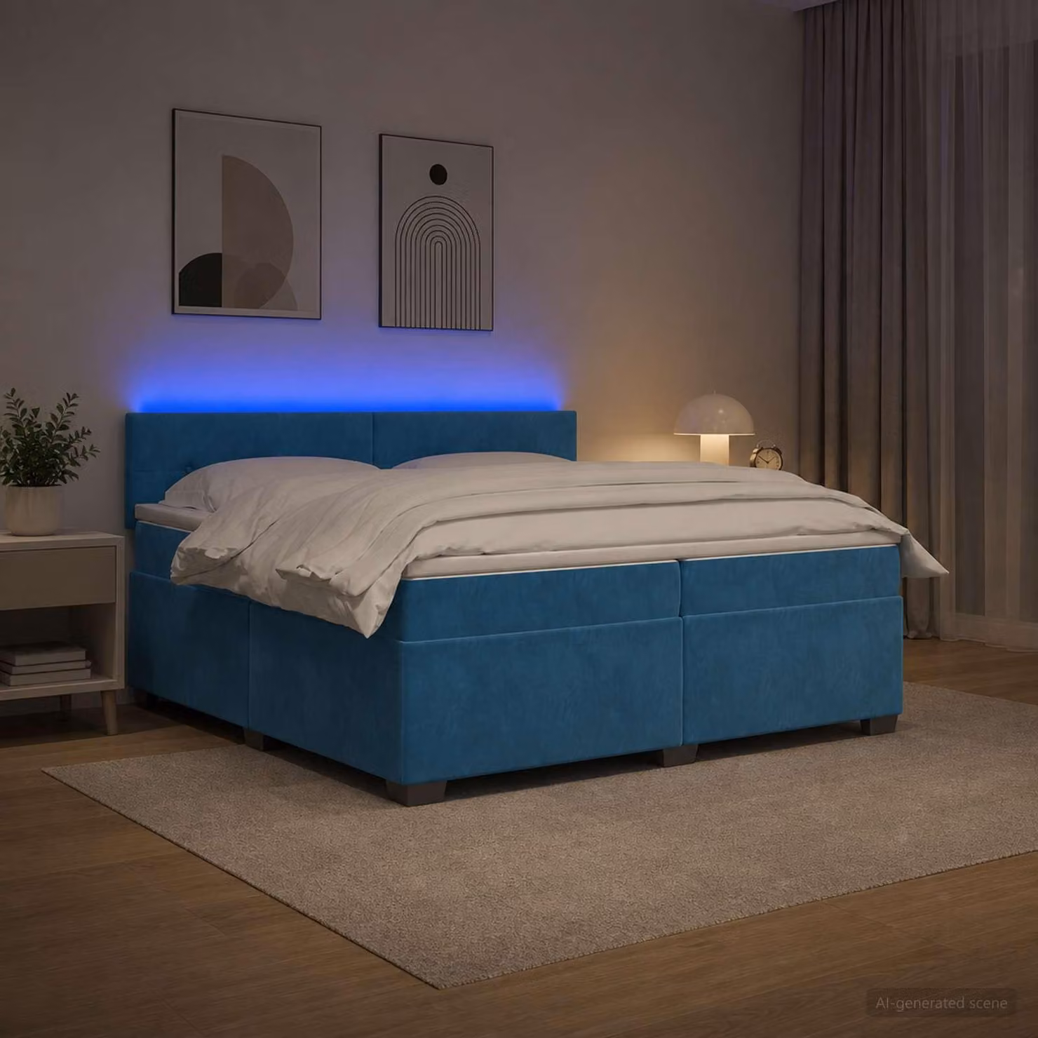 Letto matrimoniale con boxspring, materasso e illuminazione LED blu, dimensioni 200 x 200 cm, rivestito in velluto
