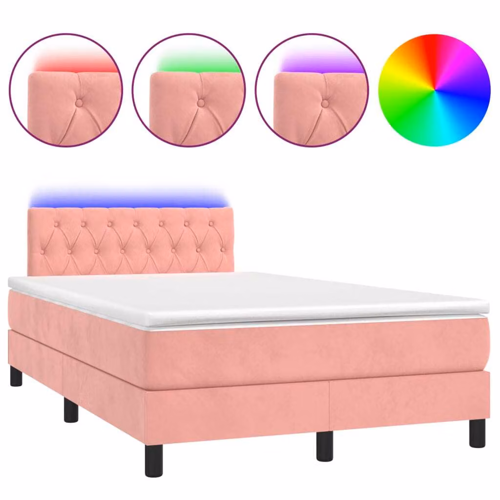 Letto a Molle con Materasso e LED Rosa 120x190 cm in Velluto