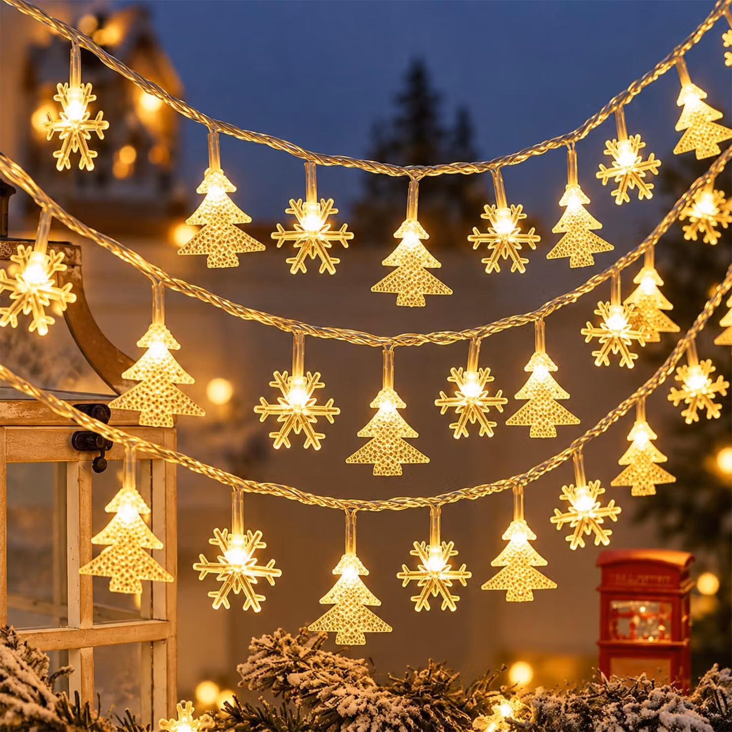 Catena luminosa da 6 metri, con 40 decorazioni a forma di fiocchi di neve, luce bianco caldo, alimentata a batteria