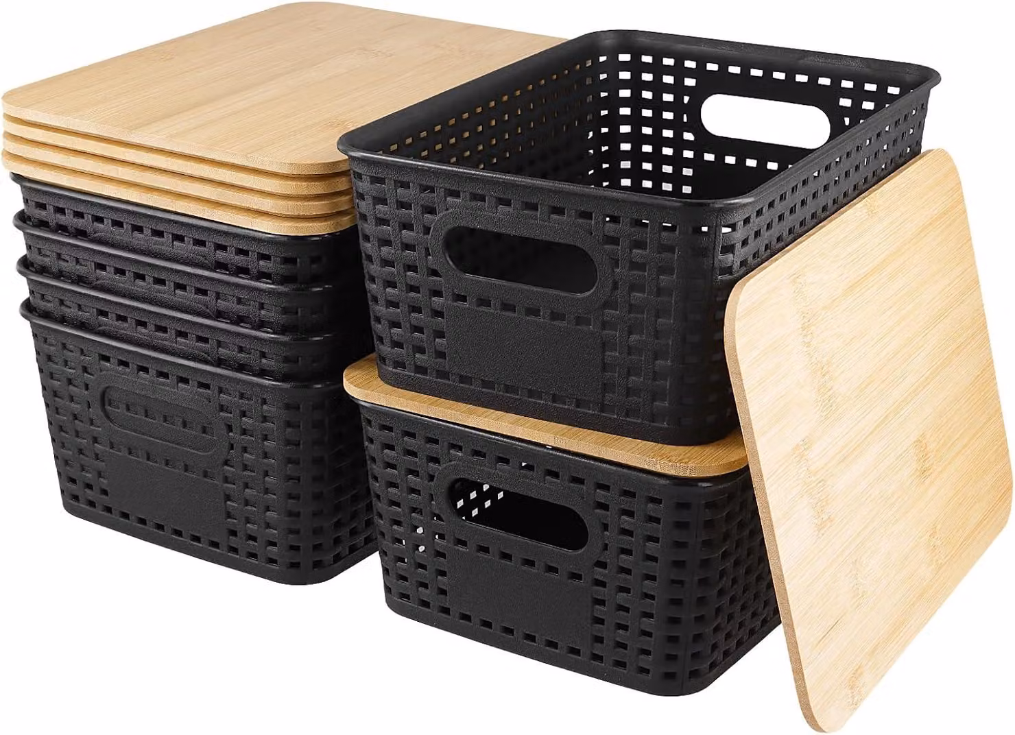 Set di contenitori per la conservazione, 6 pezzi, dimensioni 25,5 x 18,3 x 10,5 cm, con coperchio in bambù, impilabili, adatti per bagno e cucina