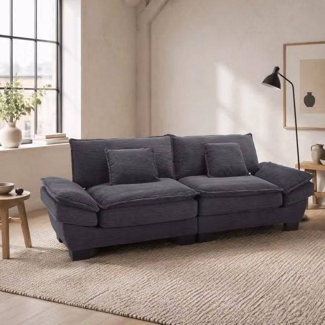 Divano a 2 posti REDOM in velluto grigio con struttura in legno massello e cuscini inclusi L: 224 cm, P: 81 cm, H: 81 cm