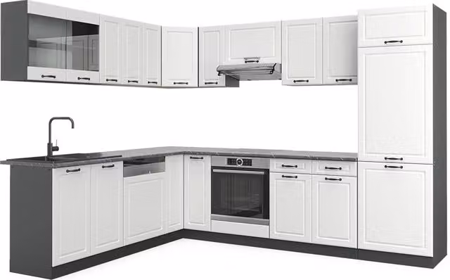 Cucina angolare completa R-Line Vicco in stile country house, Bianco rustico e Antracite, L/P/H: 287 x 227 x 60 cm