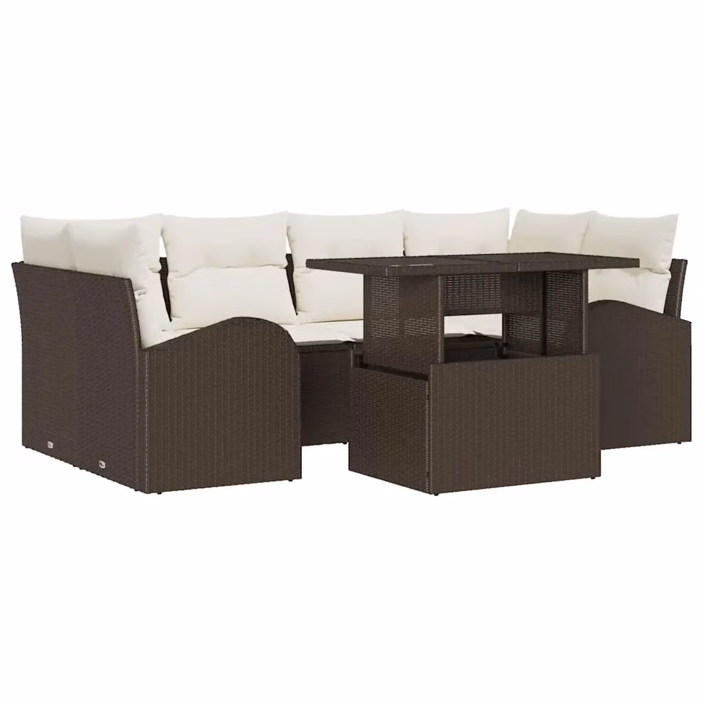 Set Divano da Giardino vidaXL 7 Pezzi a Forma di L in Polyrattan Marrone con Cuscini e Tavolino da Esterno – 2