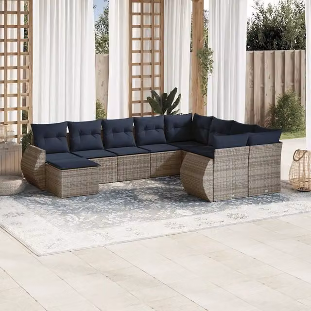 Set Divani da Giardino 10 pz con Cuscini Grigio in Polyrattan 3221860