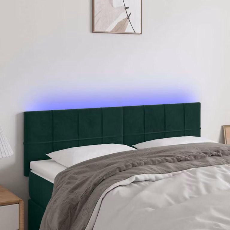 Testiera per letto vidaXL in velluto verde scuro con illuminazione LED integrata e porta di ricarica USB, L 144 x P 5 x H 78/88 cm