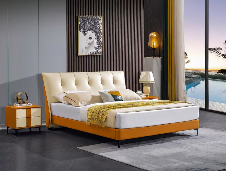 Designer Bett Orange Leder Hotel Kunstleder Betten Doppel Schlaf Zimmer Möbel