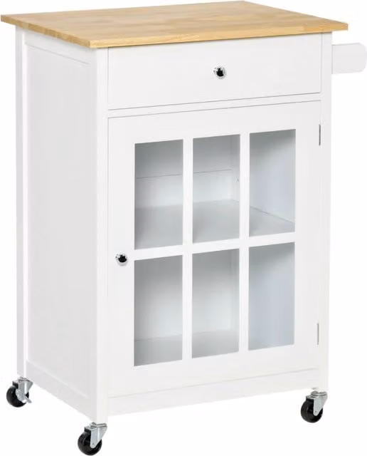 Carrello da cucina con ruote XYLO bianco effetto rovere chiaro con porta vetro e cassetto L/P/H: 48.0 x 19.5 x 86.5 cm