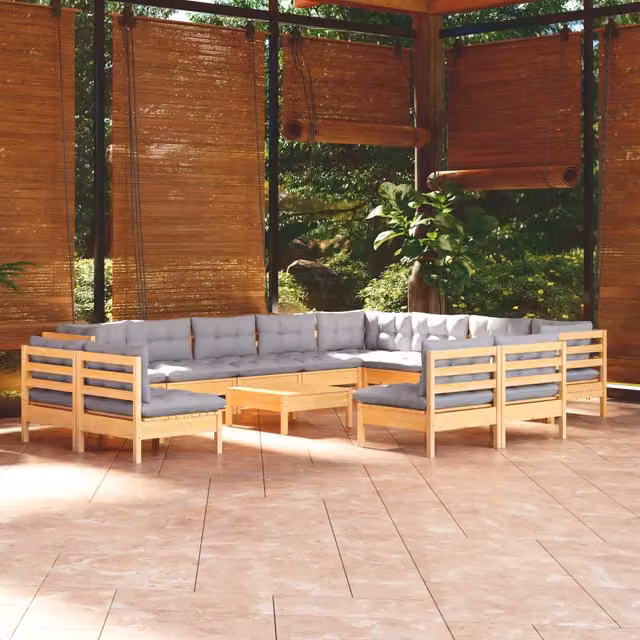 Set di Divani da Giardino vidaXL in Legno di Pino Massello con Cuscini Grigi, Composizione a U con Elementi Angolari e Ottoman, 13 Pezzi