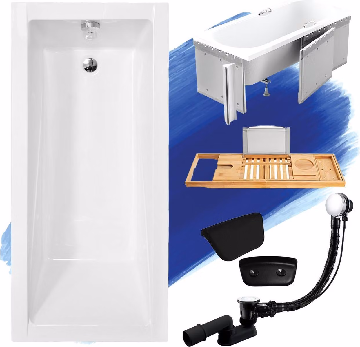 Vasca rettangolare 160x70 con set di scarico e piedini GRATIS + rivestimento (polistirolo) + ripiano in legno di bambù + poggiatesta nero | BADLAND MODERN