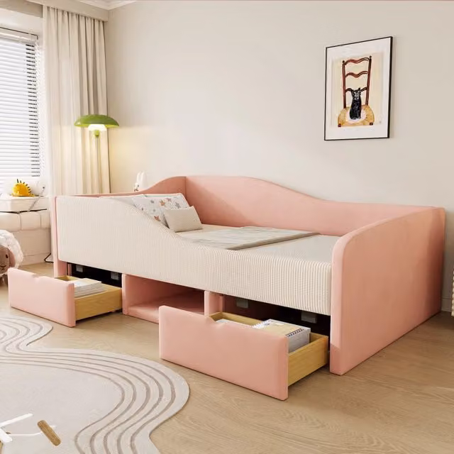 Divano letto imbottito 90 x 190 cm, multifunzione con due cassetti e recinzioni, velluto delicato, senza materasso - Rosa e Bianco crema