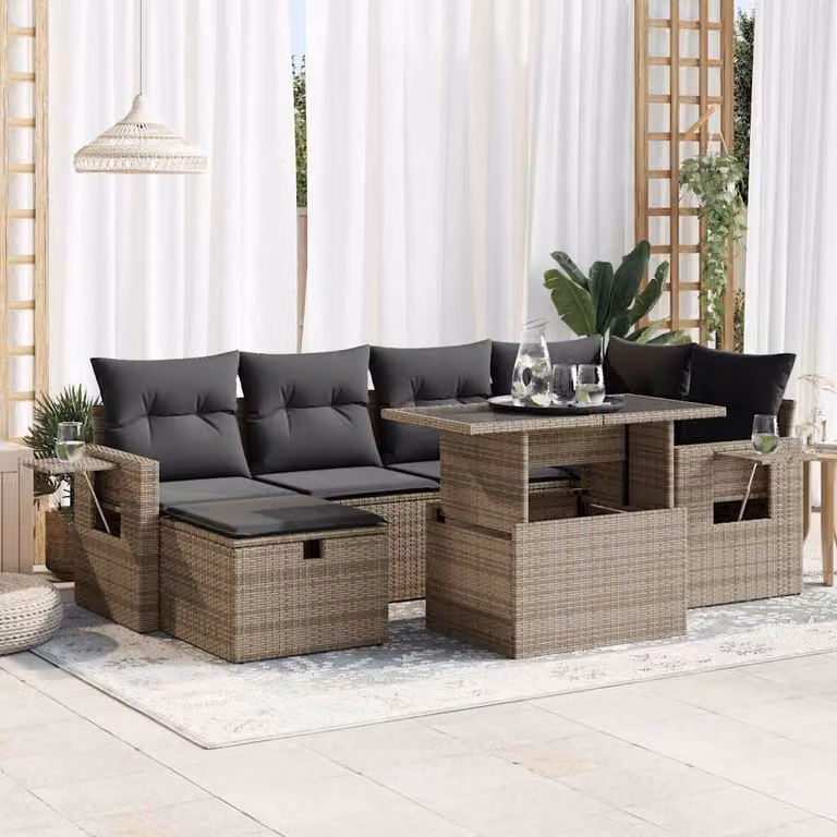 Set di divani da giardino vidaXL in polyrattan grigio con cuscini e tavolino da esterno 7 pezzi