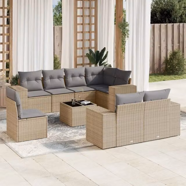 Set Divano da Giardino 9 pz con Cuscini Beige in Polyrattan 3255186
