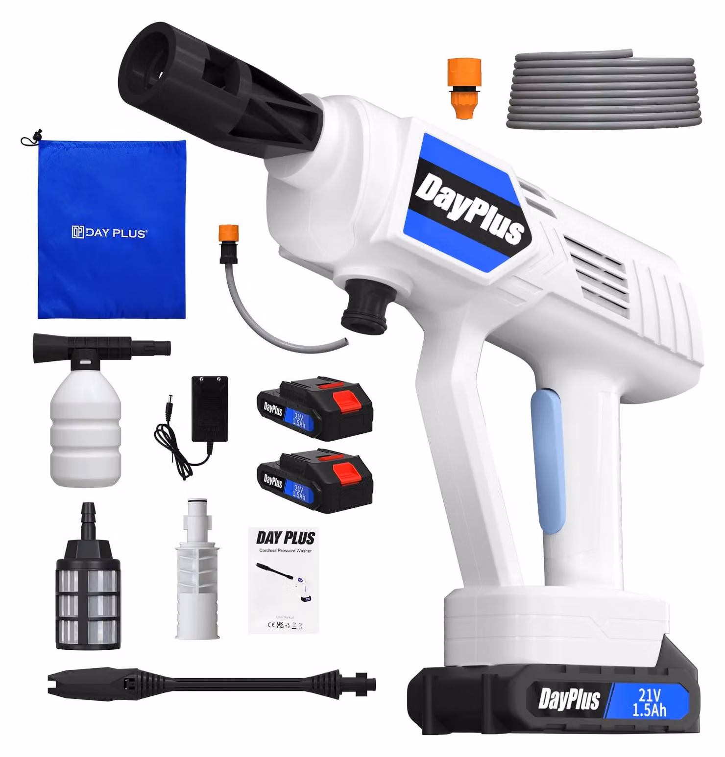 Idropulitrice senza fili - 21 V, ideale per auto e giardino - 2 batterie - Serbatoio per la schiuma - Ugello multifunzione - Tubo da 5 metri - Getto a ventaglio