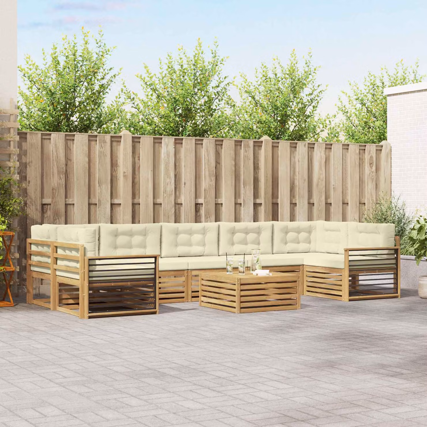vidaXL Set di divani da esterno a forma di U in legno di acacia con tavolo da caffè, 8 pezzi, Bianco e Beige