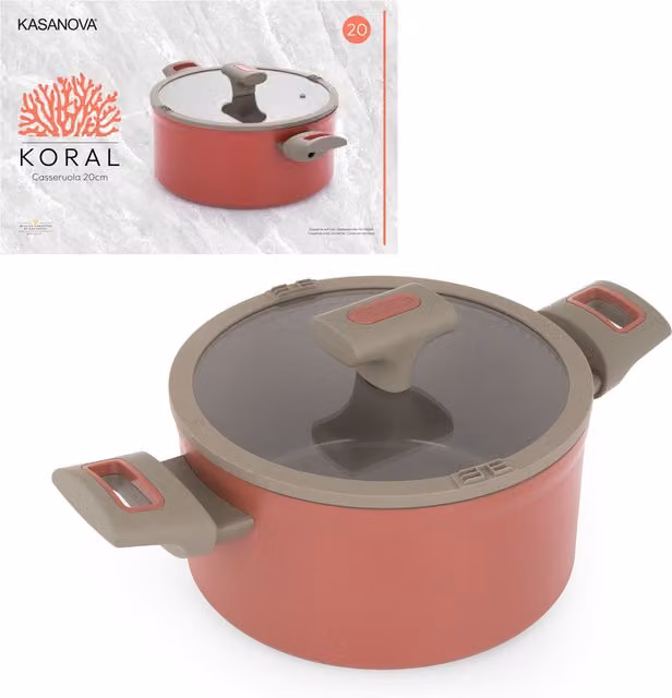 Casseruola Kasanova Koral con coperchio in vetro, rivestimento ceramico antiaderente, diametro 20 cm, colori arancione e rosso