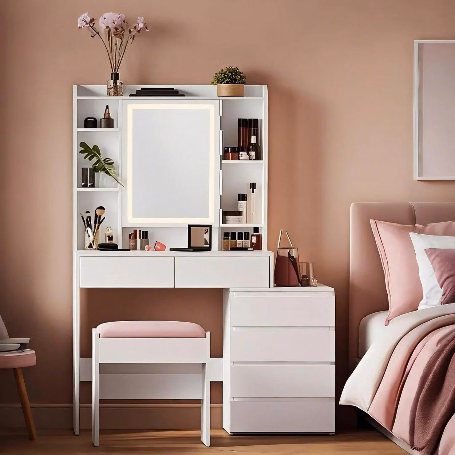 Comò da trucco con sgabello, specchio e illuminazione a LED | Bianco | 98,3 x 40 x 145 cm