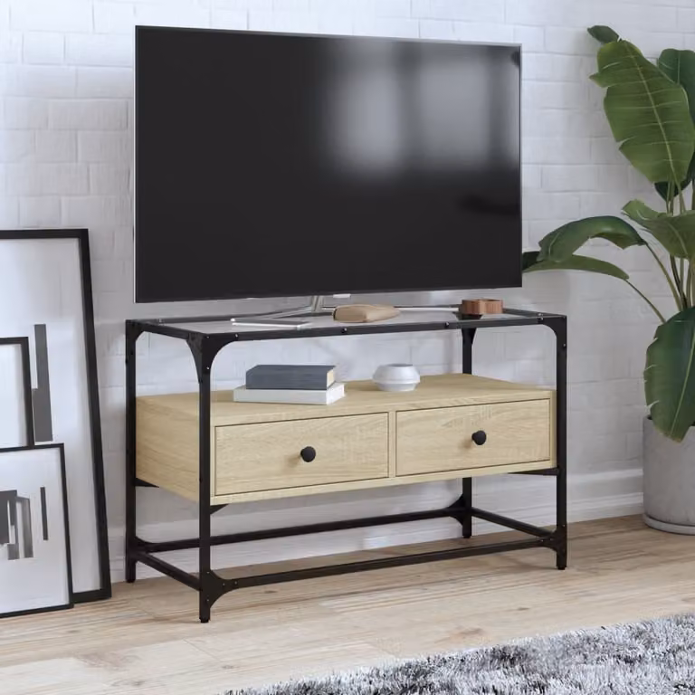Mobile TV stand vidaXL in legno rovere sonoma e vetro, stile industriale, L 80 x P 35 x H 51 cm
