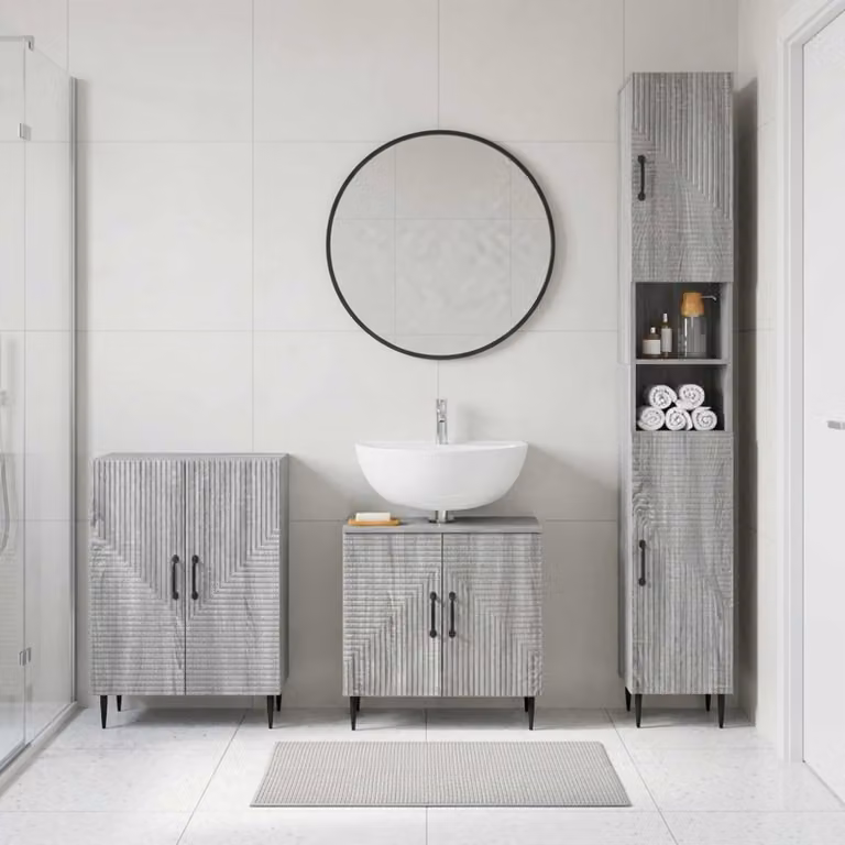 Set di armadietti da bagno moderni vidaXL HAARLEM in 3 pezzi, colore grigio, con mobile lavabo e pensili