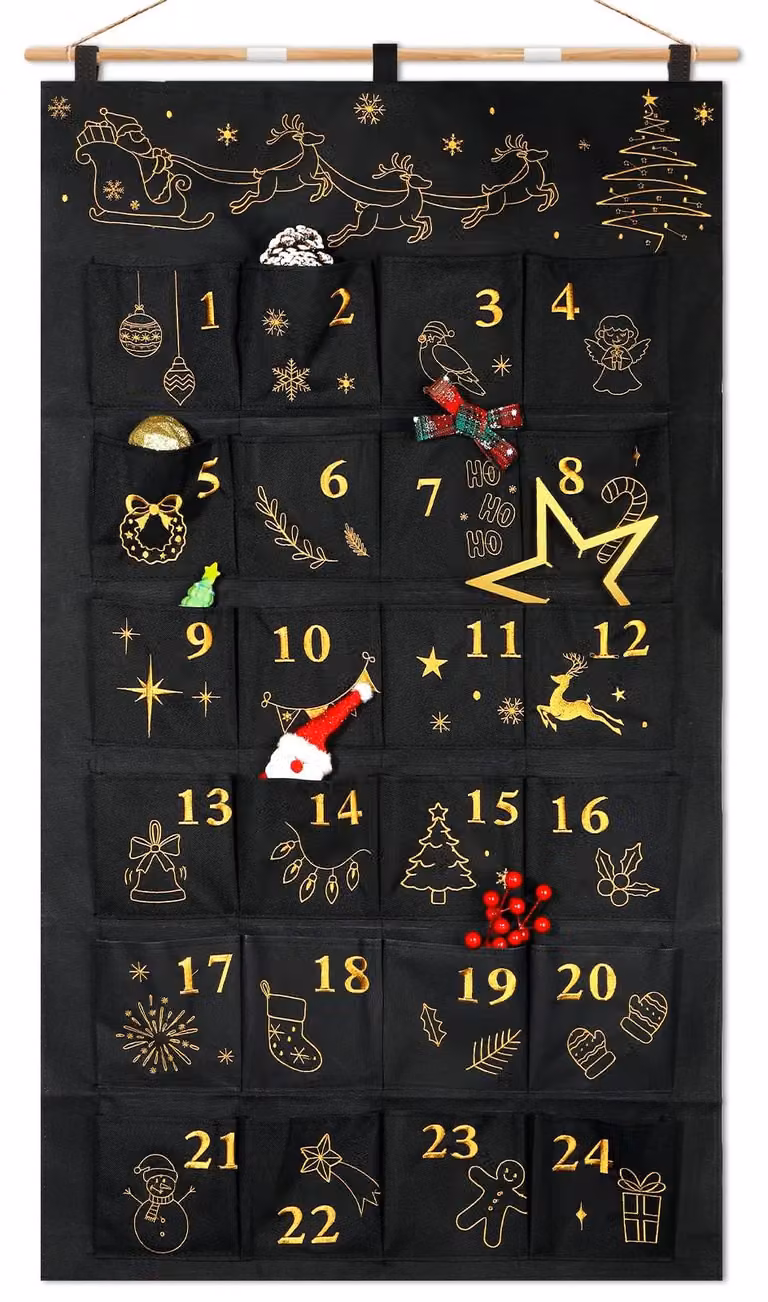 Calendario dell'Avvento da riempire personalmente, nero e oro, composto da 50 elementi, riutilizzabile
