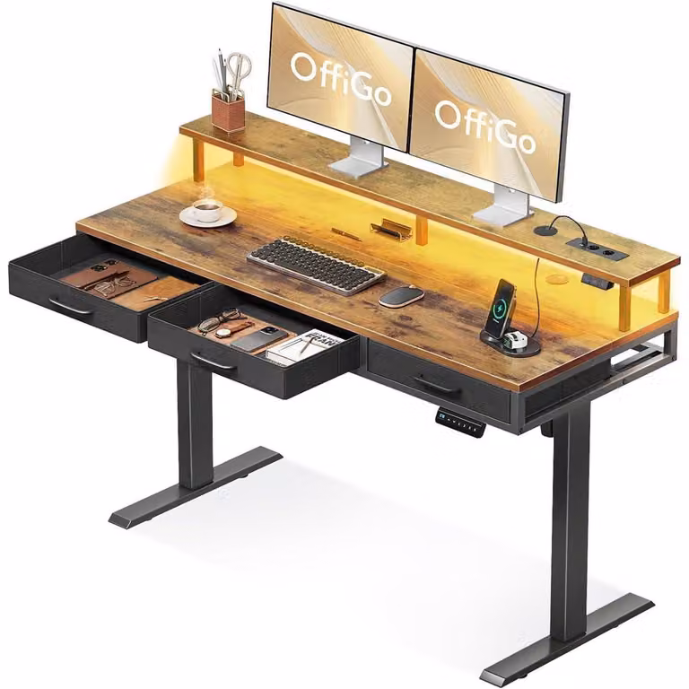 Scrivania elettrica con cassetti, regolabile in altezza fino a 140 cm, con supporto per monitor, prese di corrente e barra luminosa a LED, colore marrone, dimensioni 140 x 54 cm