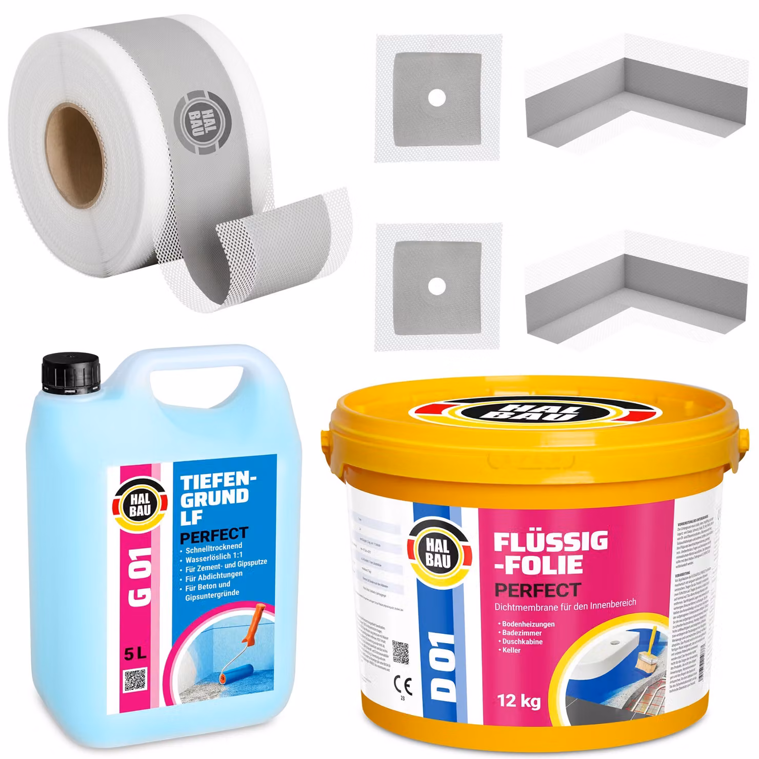 Kit di sigillatura per doccia e bagno, composto da: membrana liquida da 12 kg, primer per l'assorbimento, nastro sigillante, set H30
