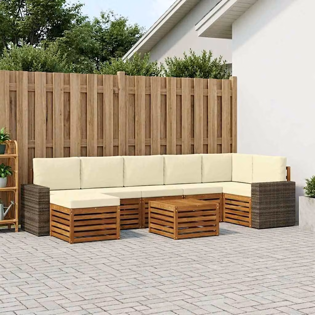 Set di divani da esterno vidaXL 8 pz a forma di L in legno di acacia con cuscini, beige, bianco e marrone