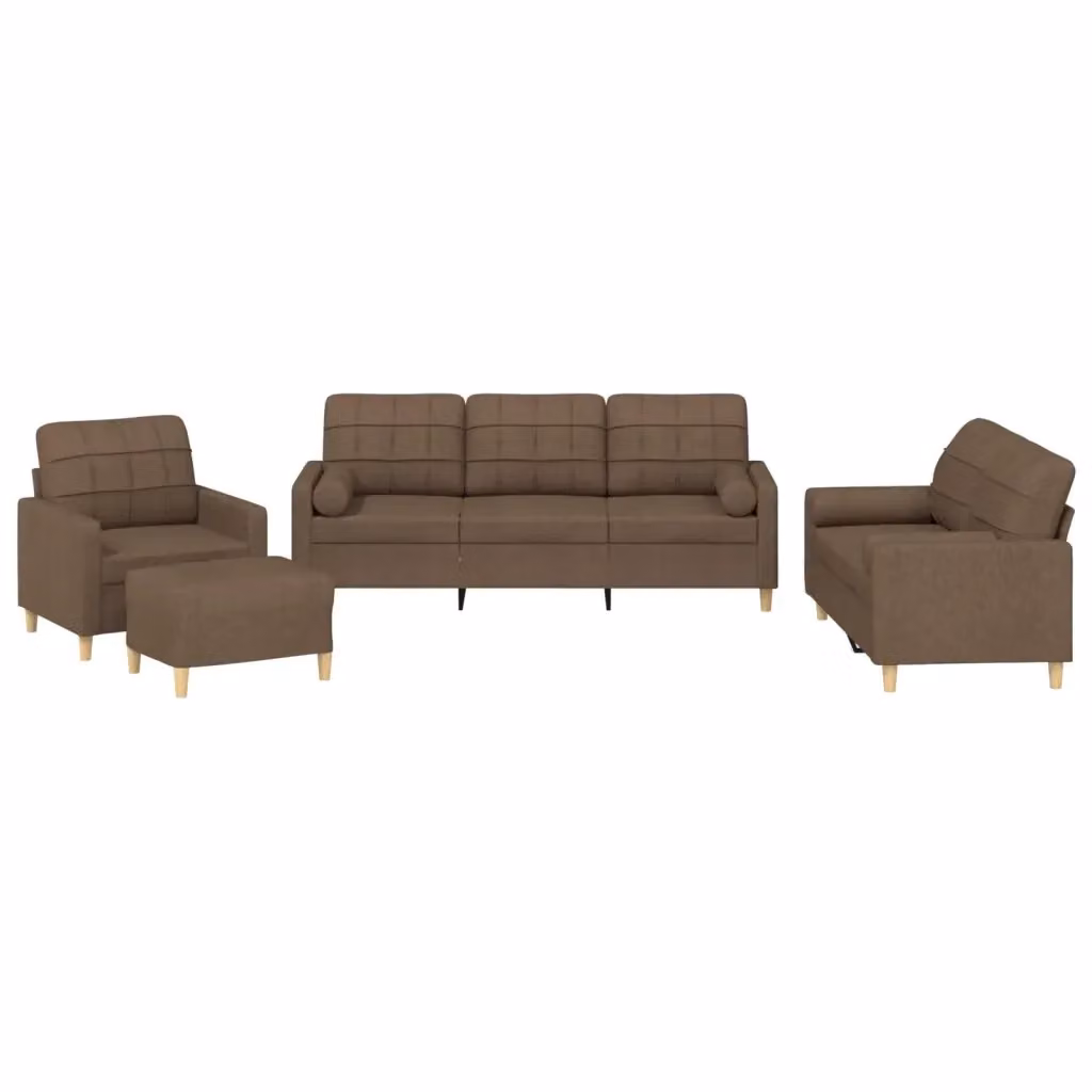 Set di divani moderno vidaXL composto da un divano a 3 posti, un divano a 2 posti, un pouf e cuscini, rivestito in tessuto marrone con struttura in legno e metallo – 2
