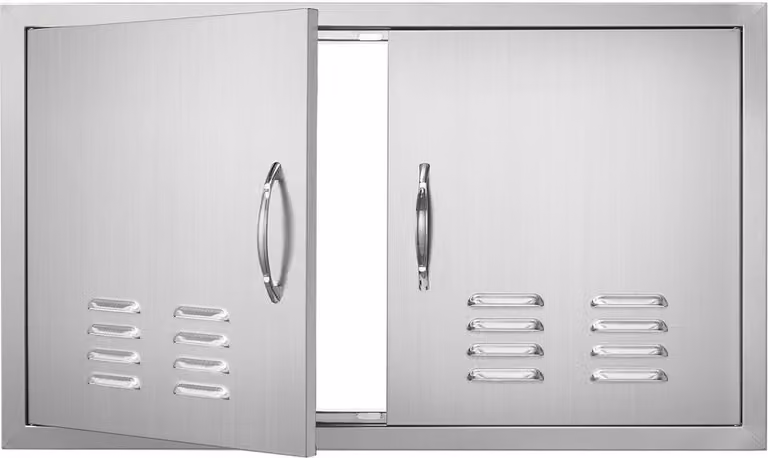 Porta di accesso al barbecue, 914 x 534 mm, Doppia porta esterna della cucina, Porta in acciaio inox a incasso, Porta verticale a parete con maniglie e fessure di ventilazione per l'isola barbecue, Stazione barbecue, Armadio esterno