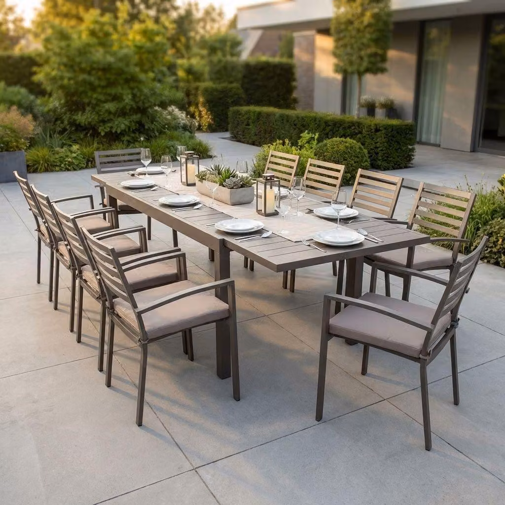 Milani Home - Set Tavolo Giardino Allungabile Rettangolare 200/300x100 Con 10 Poltrone In Alluminio Taupe Da Esterno - Taupe