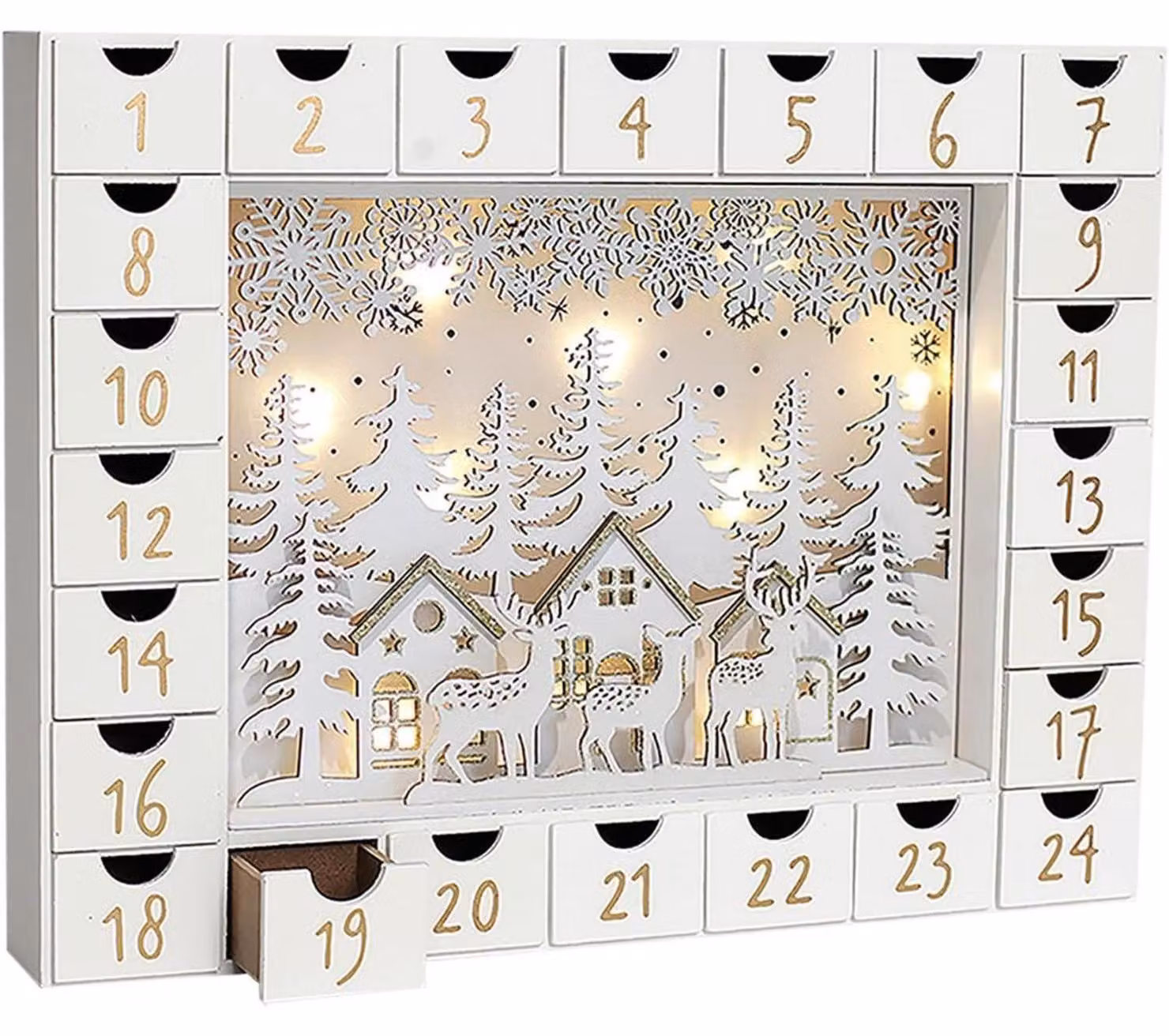 Calendario dell'Avvento in legno con 24 cassetti, scena natalizia illuminata con LED, riutilizzabile