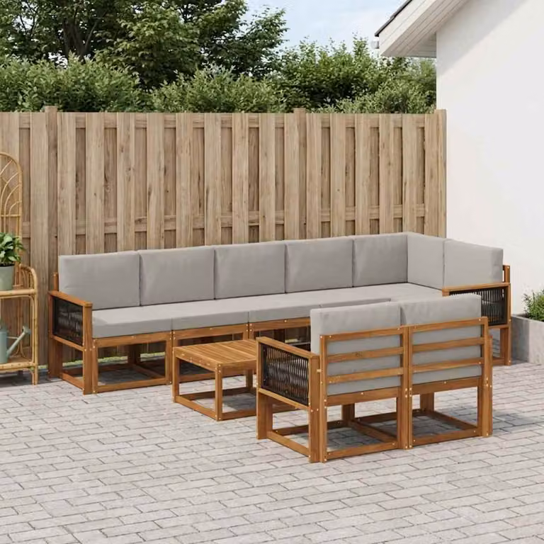 vidaXL Set di divani da esterno a L composto da 9 pezzi in legno di acacia con cuscini, colore beige e grigio