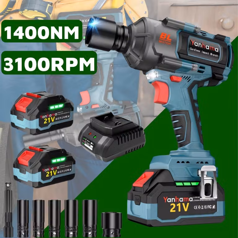 Chiave ad impulsi Accu - 1400 Nm - 21 V - Motore brushless - 3 velocità - 2 batterie - Include set di accessori