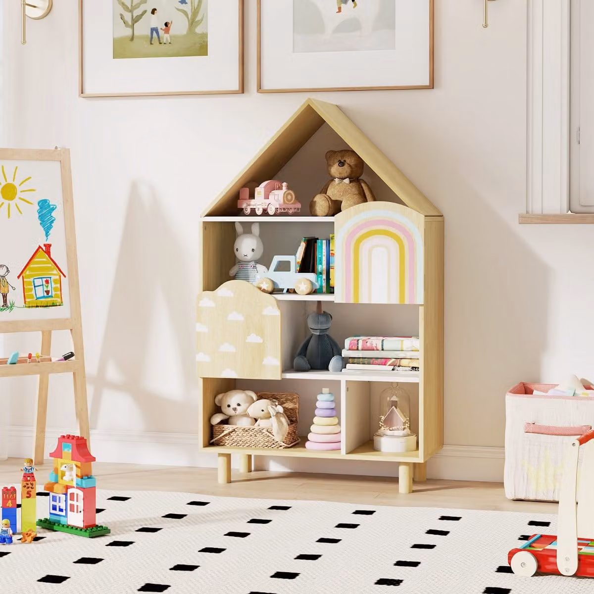 Libreria per bambini Costway a forma di casa con 2 ante in legno naturale stile scandinavo