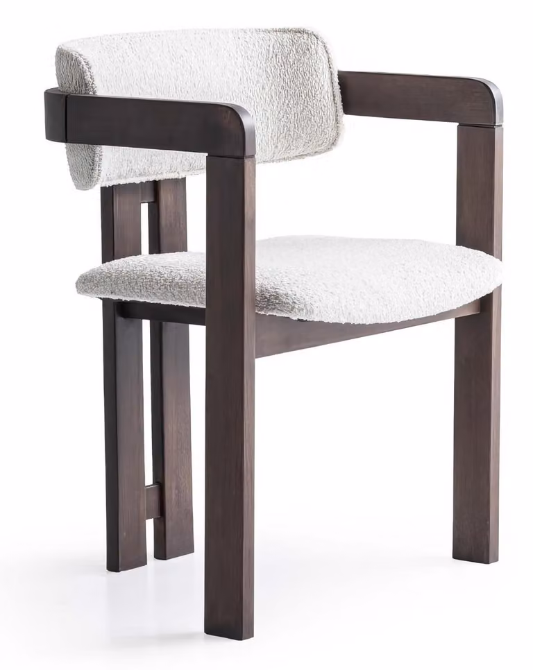 Poltrona moderna imbottita, bianco e marrone, design, sedia da pranzo in legno